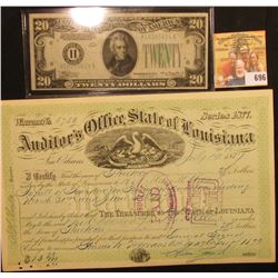 Warrant No. 5756 Series 1877 "Auditor's Office, State of Louisinana" upper central vignette of a Pel