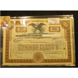 Oct. 22, 1937 Certificate No. 973 for One Hundred Shares "Walthan Watch Co.", interesting name chang