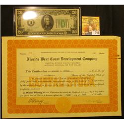 Capital Stock Certificate for 10 Shares  Florida West Coast Development Company  Number 72, dated Ju