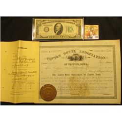 Number 18  Tipton Hotel Association of Tipton, Iowa.  1890 era with Stub Certificate June 29, 1908; 