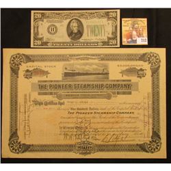 Aug. 3rd, 1927 Capital Stock Certificate number 2055 for 6 Shares "The Pioneer Steamship Company Men