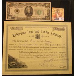 Dec. 29th, 1916 Stock Certificate number 76 for 22 1/3 Shares  Richardson Land and Timber Company…Da