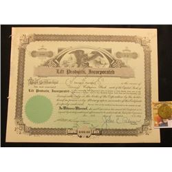 April 3rd, 1951 Stock Certificate for 2 1/2 Shares of "Lift Products, Incorporated" Common Stock, up