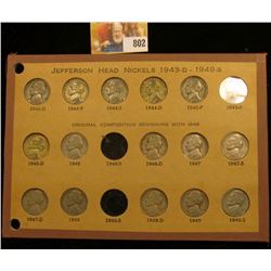 Old Wayte Raymond Coin Page containing the following Nickels: 1943 D, 44 P, D, S, 45 P, D, S (all Si