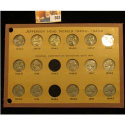 Old Wayte Raymond Coin Page containing the following Nickels: 1943 D, 44 P, D, S, 45 P, D, S (all Si
