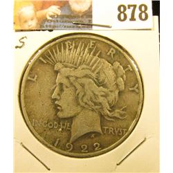 1922 D U.S. Peace Silver Dollar, Fine.