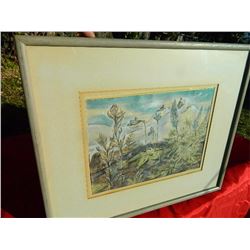 FRAMED PICTURE - MOUNTAIN & FLOWERS - ORIGINAL WATERCOLOR