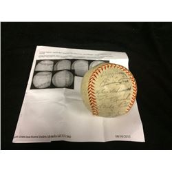 VINTAGE SIGNED "STAMP BALL" BASEBALL W/ BABE RUTH, JOE DiMAGGIO, JACKIE ROBINSON, LOU GEHRIG