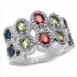 STERLING SILVER MULTI COLOR SAPPHIRE AND DIAMOND RING