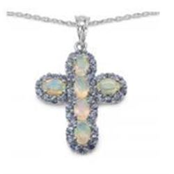 STERLING SILVER ETHIOPIAN OPAL AND TANZANITE CROSS PENDANT