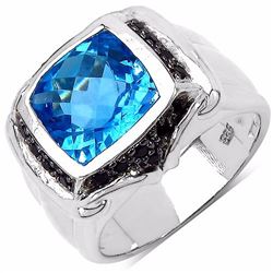 STERLING SILVER SWISS BLUE TOPAZ AND BLACK SPINEL RING