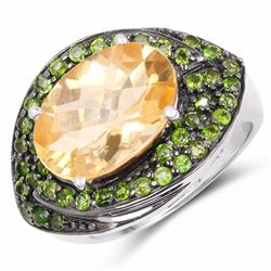 STERLING SILVER CHECKERBOARD CITRINE AND CHROME DIOPSIDE RING