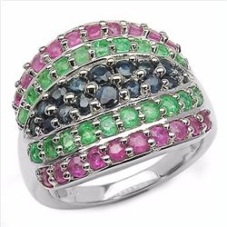 STERLING SILVER EMERALD, RUBY AND SAPPHIRE RING