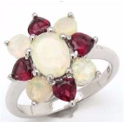 STERLING SILVER ETHIOPIAN OPAL AND RHODOLITE RING