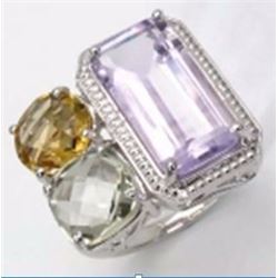 STERLING SILVER PINK AMETHYST, GREEN AMETHYST AND GOLDEN CITRINE RING