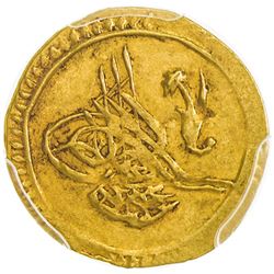 TURKEY: Mahmud II, 1808-1839, AV 1/4 zeri mahbub, Kostantiniiye, AH1223 year 5. PCGS AU53