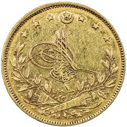 TURKEY: Murad V, 1876, AV 100 kurush (7.17g), Kostantiniye, AH1293 year 1. VF