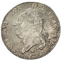 FRANCE: Louis XVI, 1774-1793, AR ecu, Bayonne, 1793-L. VF