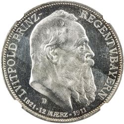 BAVARIA: Luitpold, Prince Regent, 1886-1912, AR 3 mark, 1911-D. NGC PF63