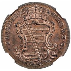 SAXE-GOTHA-ALTENBURG: Friedrich III, 1732-1772, AE 1 1/2 pfennig, 1755-K. NGC MS64