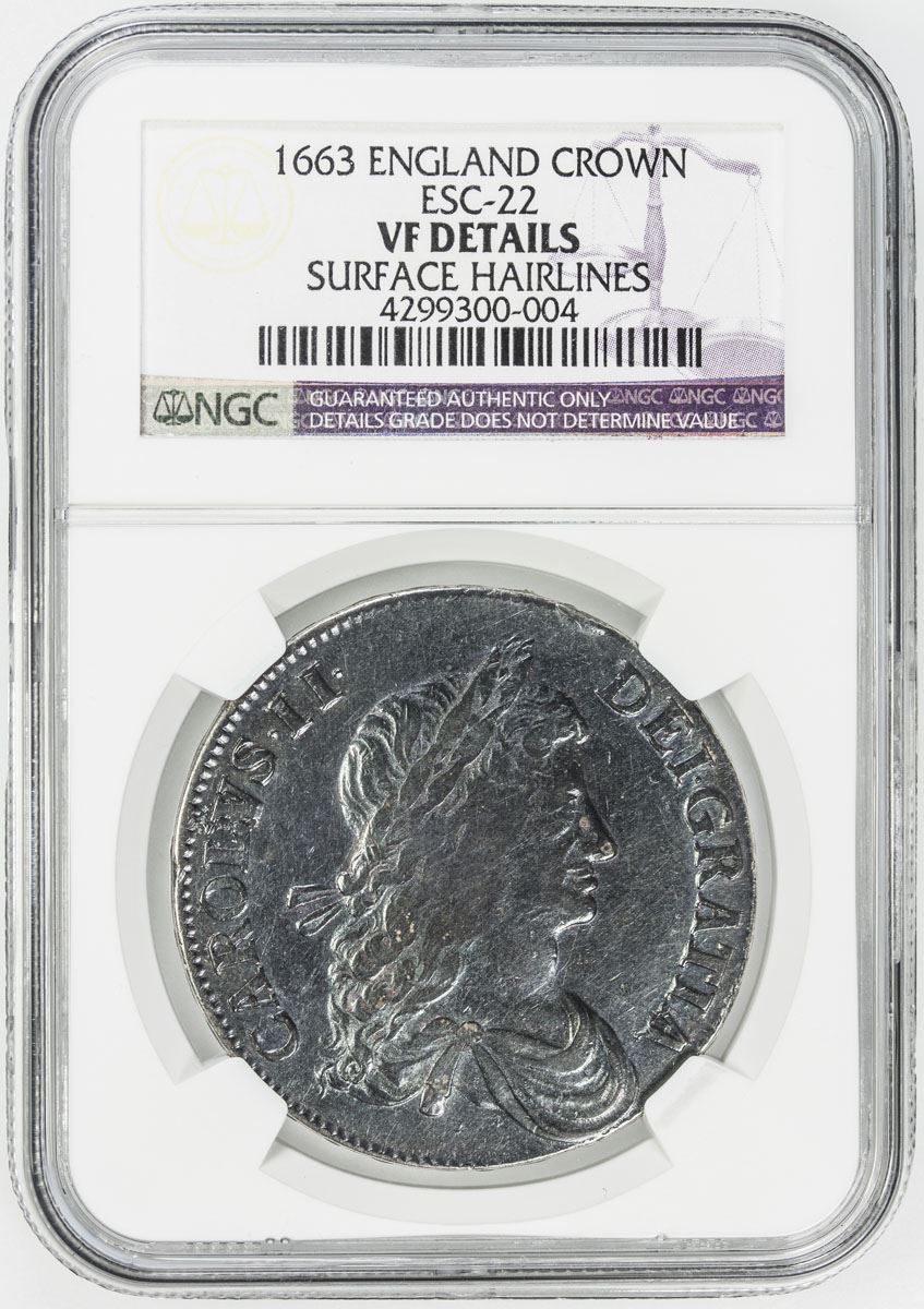 GREAT BRITAIN: Charles II, 1660-1685, AR crown, 1663. NGC VF - Stephen ...
