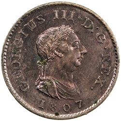 GREAT BRITAIN: George III, 1760-1820, AE farthing, 1807. UNC