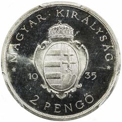 HUNGARY: Miklos Horthy, regent, 1920-1944, AR 2 pengo, 1935-BP. PCGS PF67