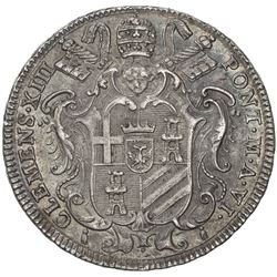 PAPAL STATES: Clement XIII, 1758-1769, AR testone (7.90g), 1763-VI. EF-AU