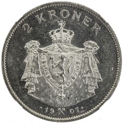 NORWAY: Haakon VII, 1905-1957, AR 2 kroner, Kongsberg, 1907. NGC UNC