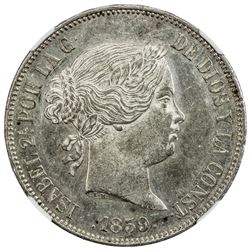 SPAIN: Isabel II, 1833-1868, AR 20 reales, Madrid, 1859. NGC MS61