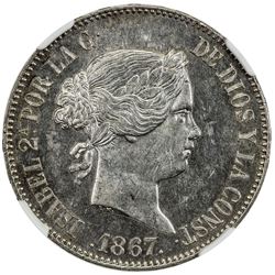 SPAIN: Isabel II, 1833-1868, AR escudo, Madrid, 1867. NGC MS63