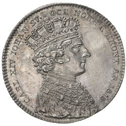 SWEDEN: Carl XIV Johan, 1818-1844, AR 1/3 riksdaler largesse, 1818. AU