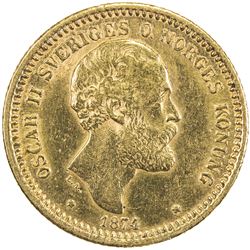 SWEDEN: Oscar II, 1872-1907, AV 10 kronor, 1874. EF