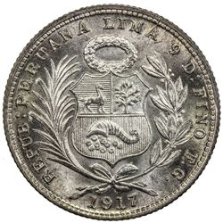 PERU: Republic, AR 1/5 sol, 1917. NGC MS67