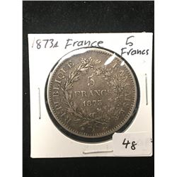 1873A FRANCE 5 FRANCS! NICE LARGE SILVER COIN!