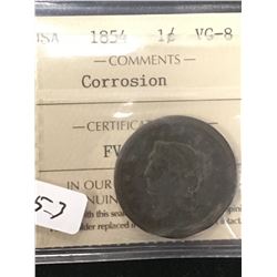 1854 USA LARGE CENT! ICCS GRADED VG-8