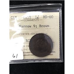 1859 NARROW 9 CANADA LARGE CENT! ICCS MS-60!