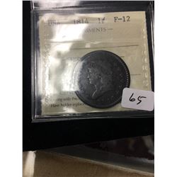 1814 USA LARGE CENT! ICCS GRADED  F-12!