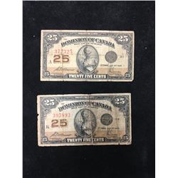 1923 DOMINION OF CANADA 25 CENTS FRACTIONAL NOTE! LOT OF 2 NOTES!