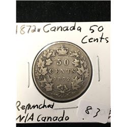 1872H CANADA 50 CENTS! RE-PUNCHED N/A/ IN CANADA!