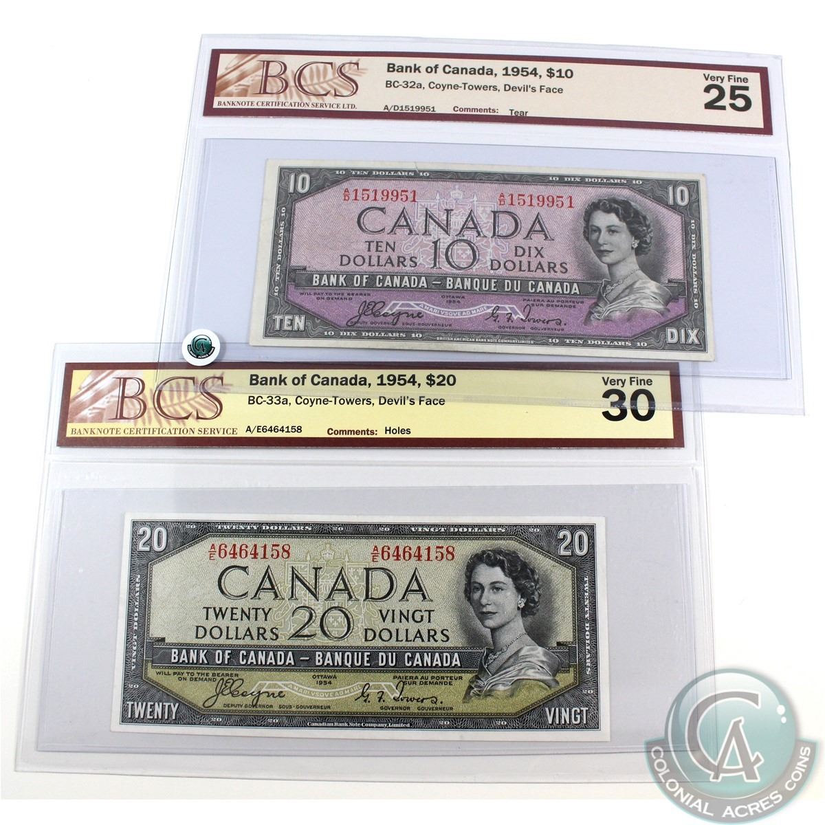 Pair of BCS Certified 1954 Devil's Face banknotes. Included is a $10 ...