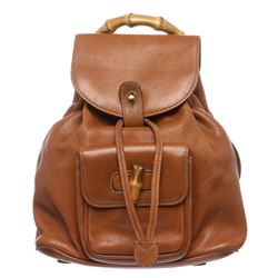 Gucci Brown Leather Drawstring Bamboo Mini Backpack