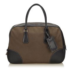 Prada Brown Canvas Fabric Black Leather Double Handle Bag