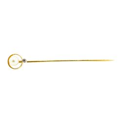 0.03 ctw Diamond and Pearl Stick Pin - 14KT Yellow and White Gold