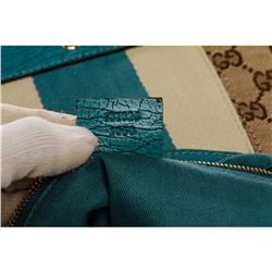 Gucci Beige Teal Canvas Leather Monogram Horsebit Hobo Bag