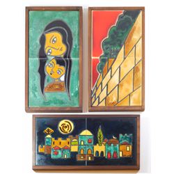 Collection of 3 illustrations on vintage Israeli ceramic tiles