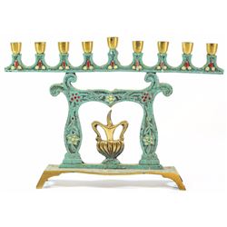 Old Israeli brass backplate Hanukkah menorah lamp