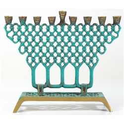 Old Israeli brass backplate Hanukkah menorah lamp