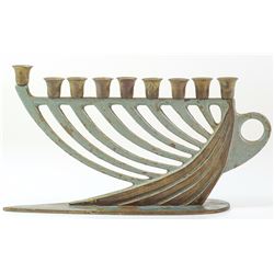 Old Israeli brass backplate Hanukkah menorah lamp by Dayagi