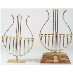 Lot of 2 modern Hanukkah menoras, harp-shaped